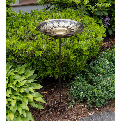 ACHLA African Daisy Birdbath with Stake | Antique Brass & Patina Brass Bowl on Wrought Iron | Garden & Patio Water Feature | Model BB-09-S