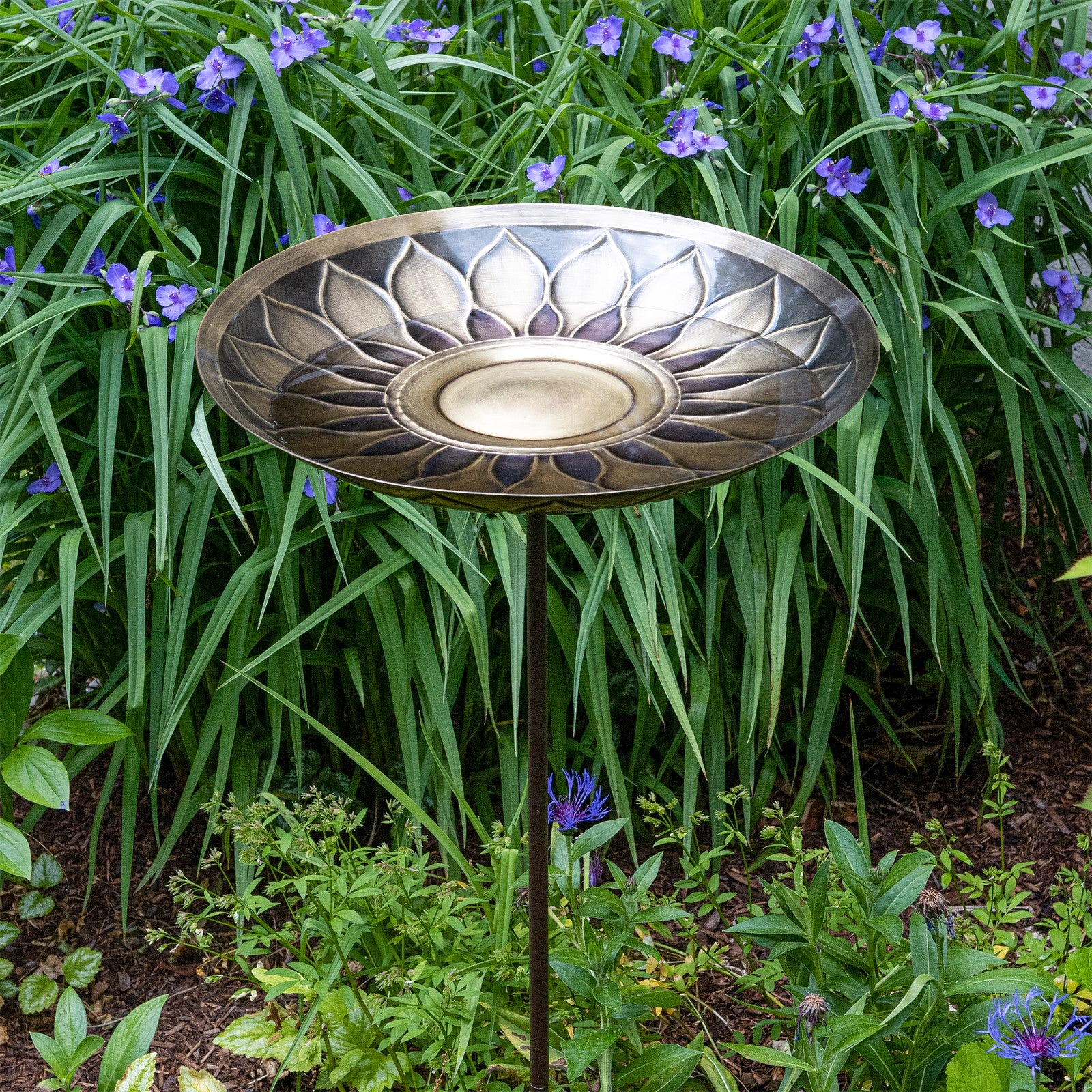 ACHLA African Daisy Birdbath with Stake | Antique Brass & Patina Brass Bowl on Wrought Iron | Garden & Patio Water Feature | Model BB-09-S