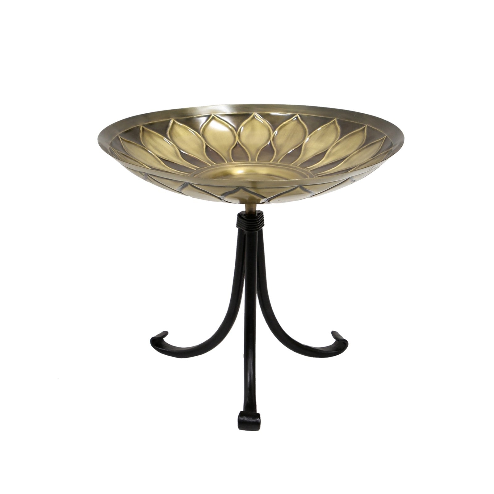ACHLA African Daisy Birdbath Tripod Stand | Antique Patina Brass Bowl & Black Wrought Iron Base | Garden & Patio Accent | Model BB-09-TR2