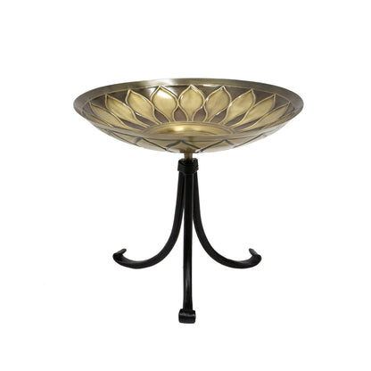 ACHLA African Daisy Birdbath Tripod Stand | Antique Patina Brass Bowl & Black Wrought Iron Base | Garden & Patio Accent | Model BB-09-TR2