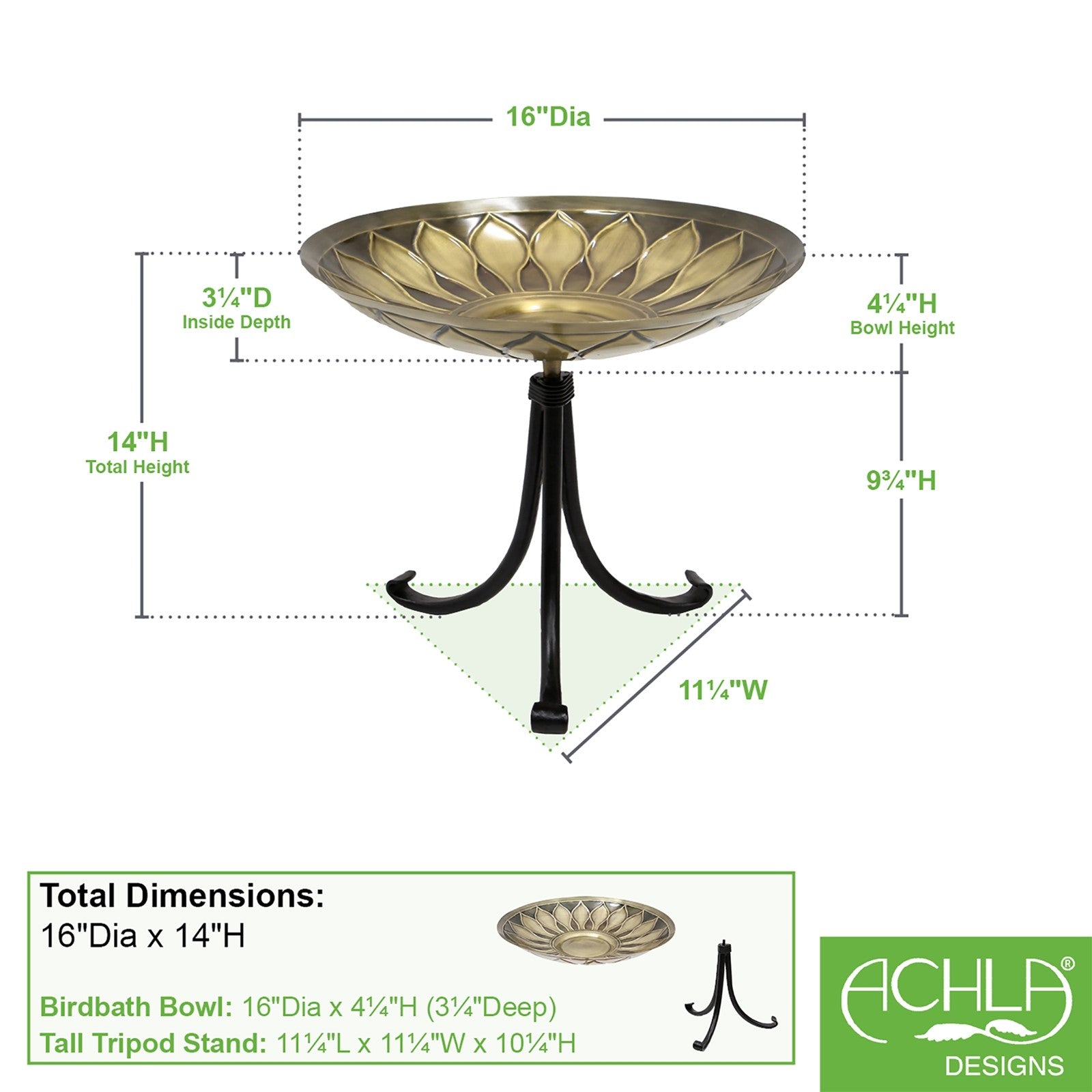 ACHLA African Daisy Birdbath Tripod Stand | Antique Patina Brass Bowl & Black Wrought Iron Base | Garden & Patio Accent | Model BB-09-TR2