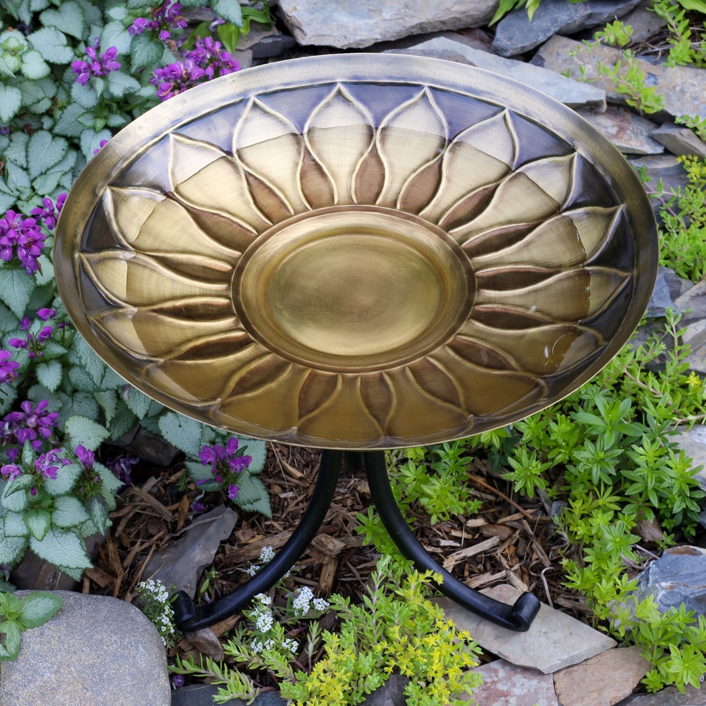 ACHLA African Daisy Birdbath Tripod Stand | Antique Patina Brass Bowl & Black Wrought Iron Base | Garden & Patio Accent | Model BB-09-TR2