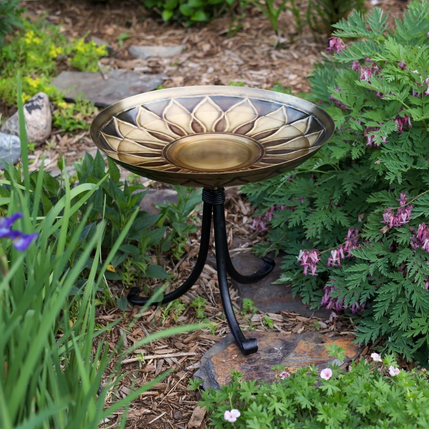 ACHLA African Daisy Birdbath Tripod Stand | Antique Patina Brass Bowl & Black Wrought Iron Base | Garden & Patio Accent | Model BB-09-TR2