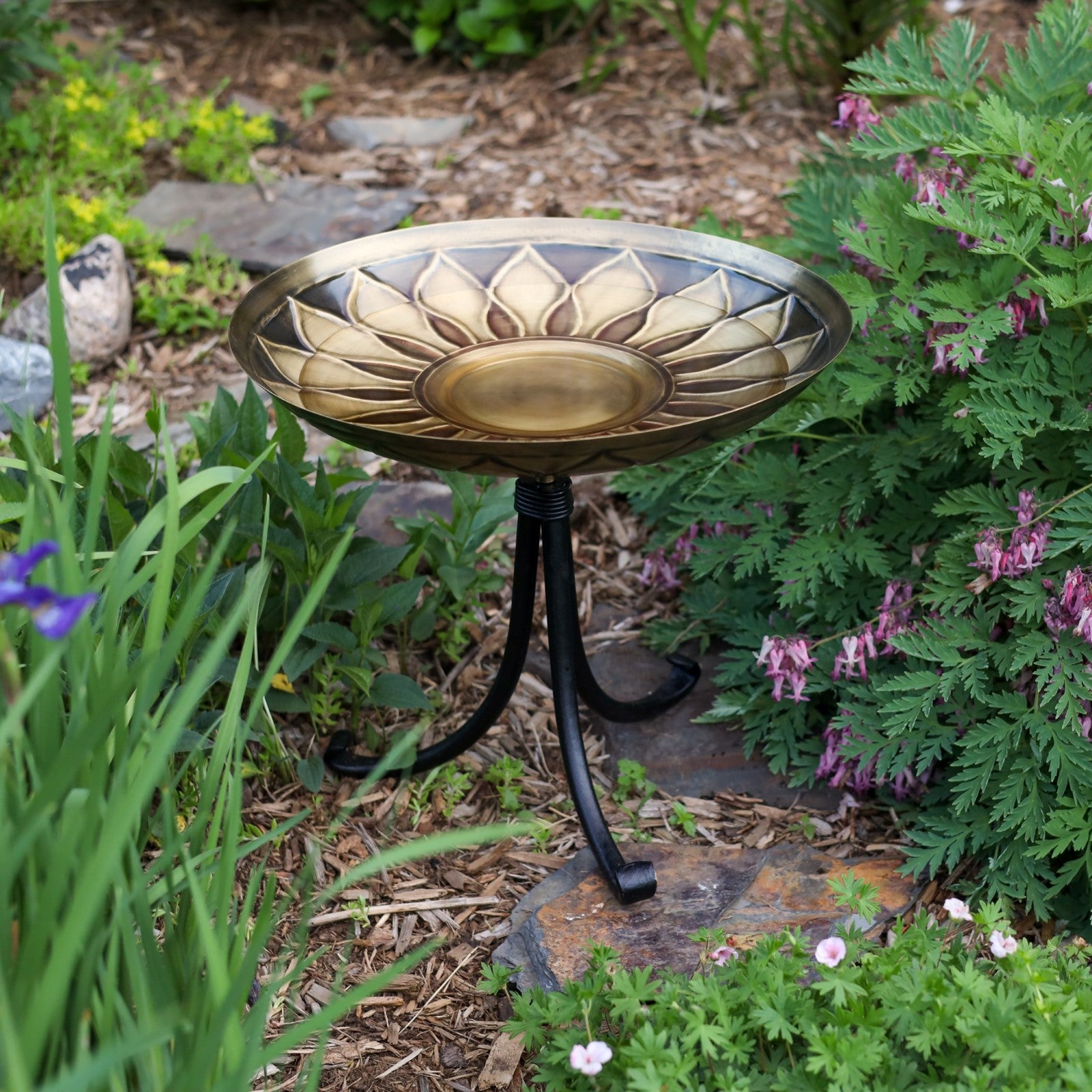 ACHLA African Daisy Birdbath Tripod Stand | Antique Patina Brass Bowl & Black Wrought Iron Base | Garden & Patio Accent | Model BB-09-TR2