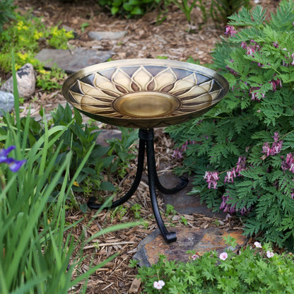 ACHLA African Daisy Birdbath Tripod Stand | Antique Patina Brass Bowl & Black Wrought Iron Base | Garden & Patio Accent | Model BB-09-TR2