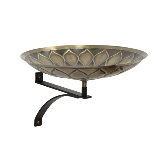 ACHLA African Daisy Birdbath Wall Mount Bracket | Antique Patina Brass Bowl and Black Wrought Iron | Porch & Deck Garden Accent | Model BB-09-WM2