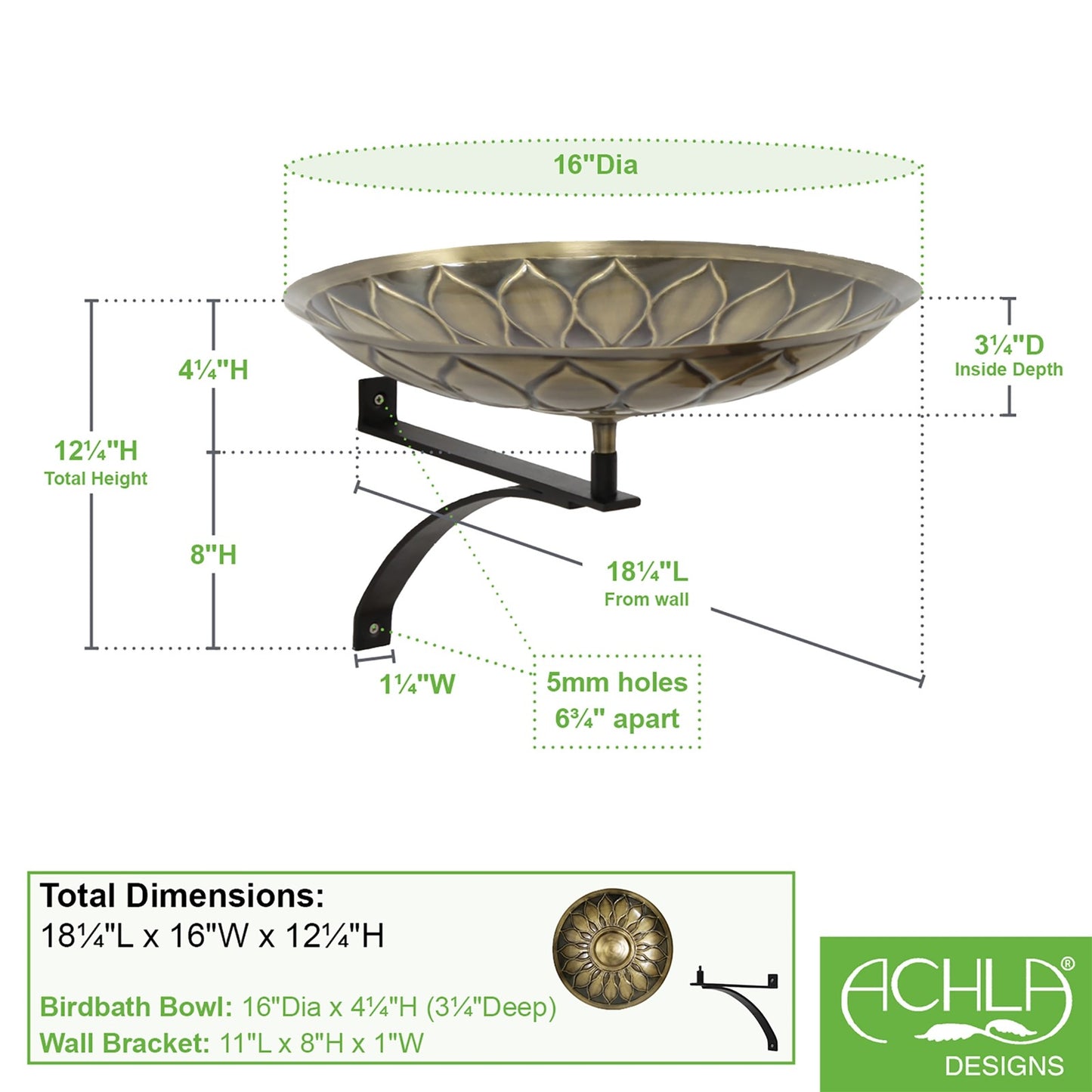 ACHLA African Daisy Birdbath Wall Mount Bracket | Antique Patina Brass Bowl and Black Wrought Iron | Porch & Deck Garden Accent | Model BB-09-WM2