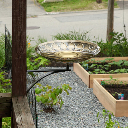 ACHLA African Daisy Birdbath Wall Mount Bracket | Antique Patina Brass Bowl and Black Wrought Iron | Porch & Deck Garden Accent | Model BB-09-WM2