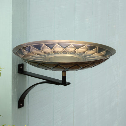 ACHLA African Daisy Birdbath Wall Mount Bracket | Antique Patina Brass Bowl and Black Wrought Iron | Porch & Deck Garden Accent | Model BB-09-WM2