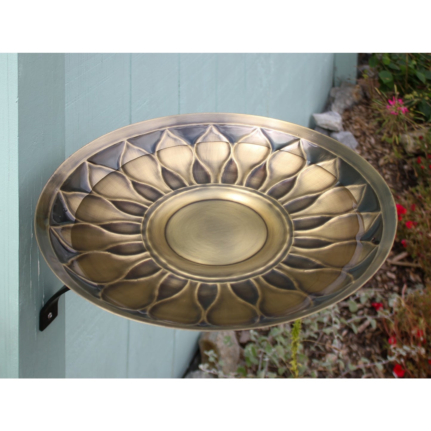 ACHLA African Daisy Birdbath Wall Mount Bracket | Antique Patina Brass Bowl and Black Wrought Iron | Porch & Deck Garden Accent | Model BB-09-WM2