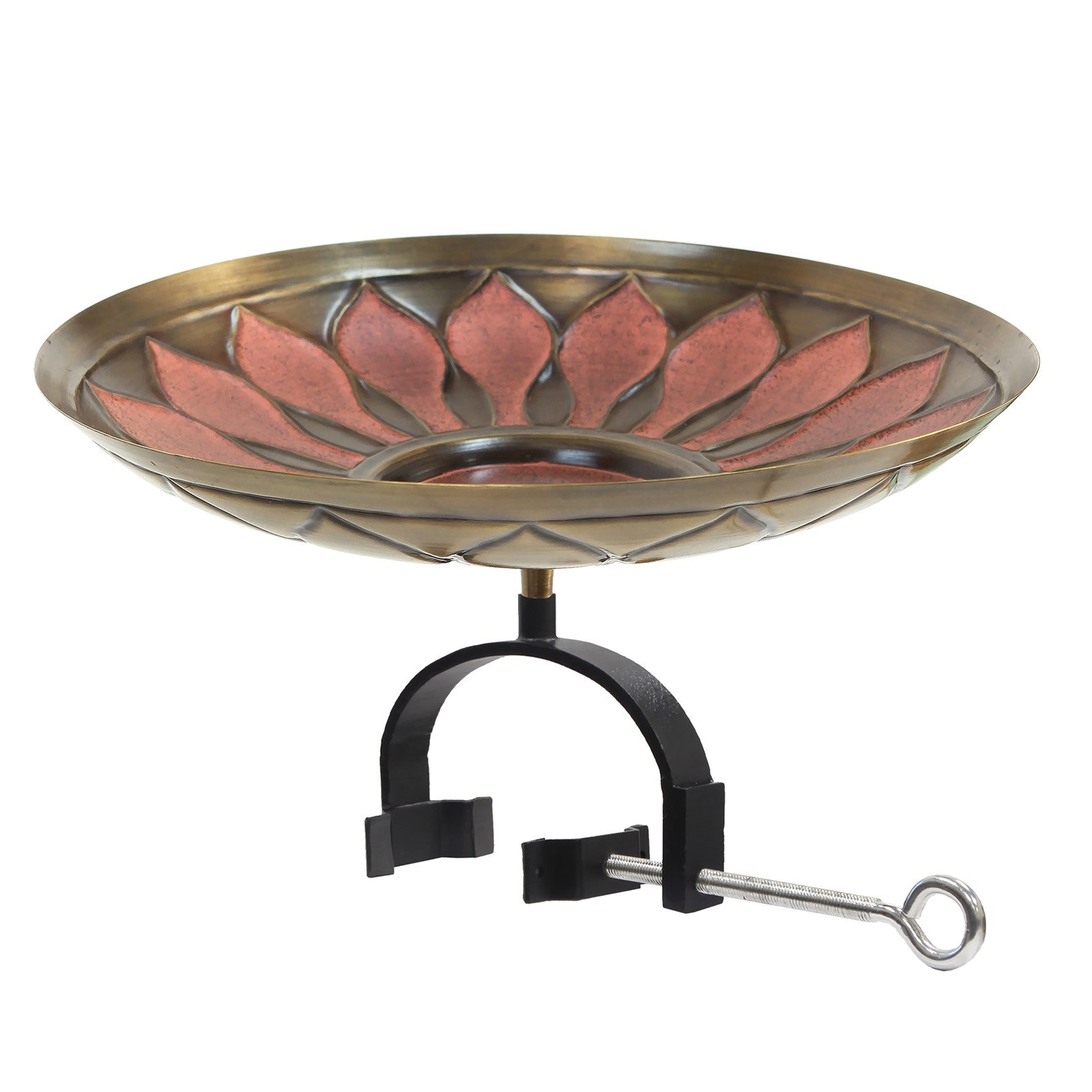 ACHLA Red African Daisy Birdbath Over Rail Bracket | Antique Brass and Wrought Iron | Deck, Porch & Balcony Bird Bath | Model BB-09R-OR2