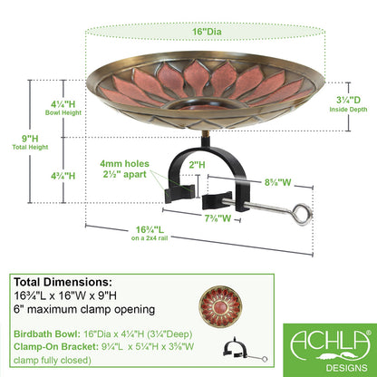 ACHLA Red African Daisy Birdbath Over Rail Bracket | Antique Brass and Wrought Iron | Deck, Porch & Balcony Bird Bath | Model BB-09R-OR2