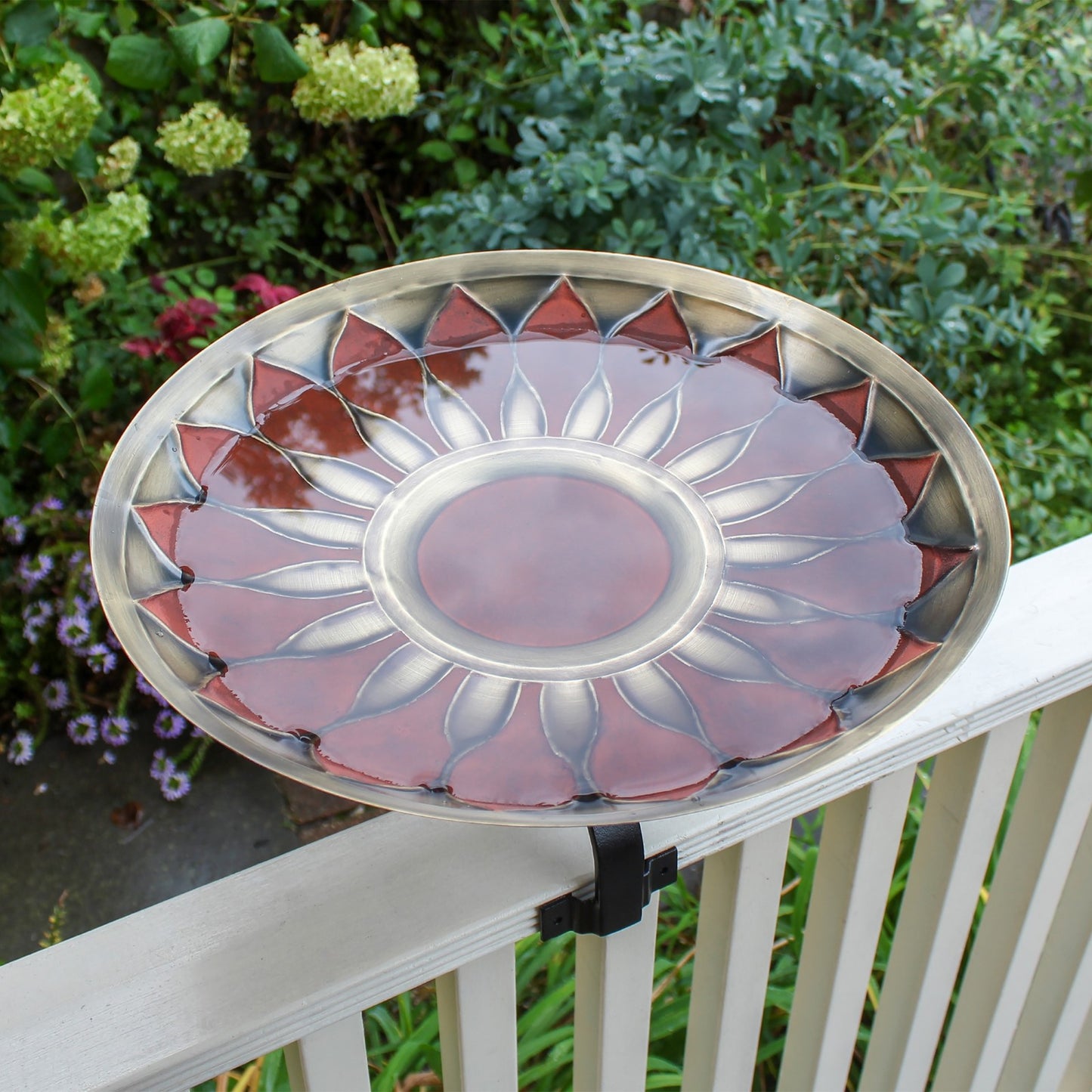 ACHLA Red African Daisy Birdbath Over Rail Bracket | Antique Brass and Wrought Iron | Deck, Porch & Balcony Bird Bath | Model BB-09R-OR2