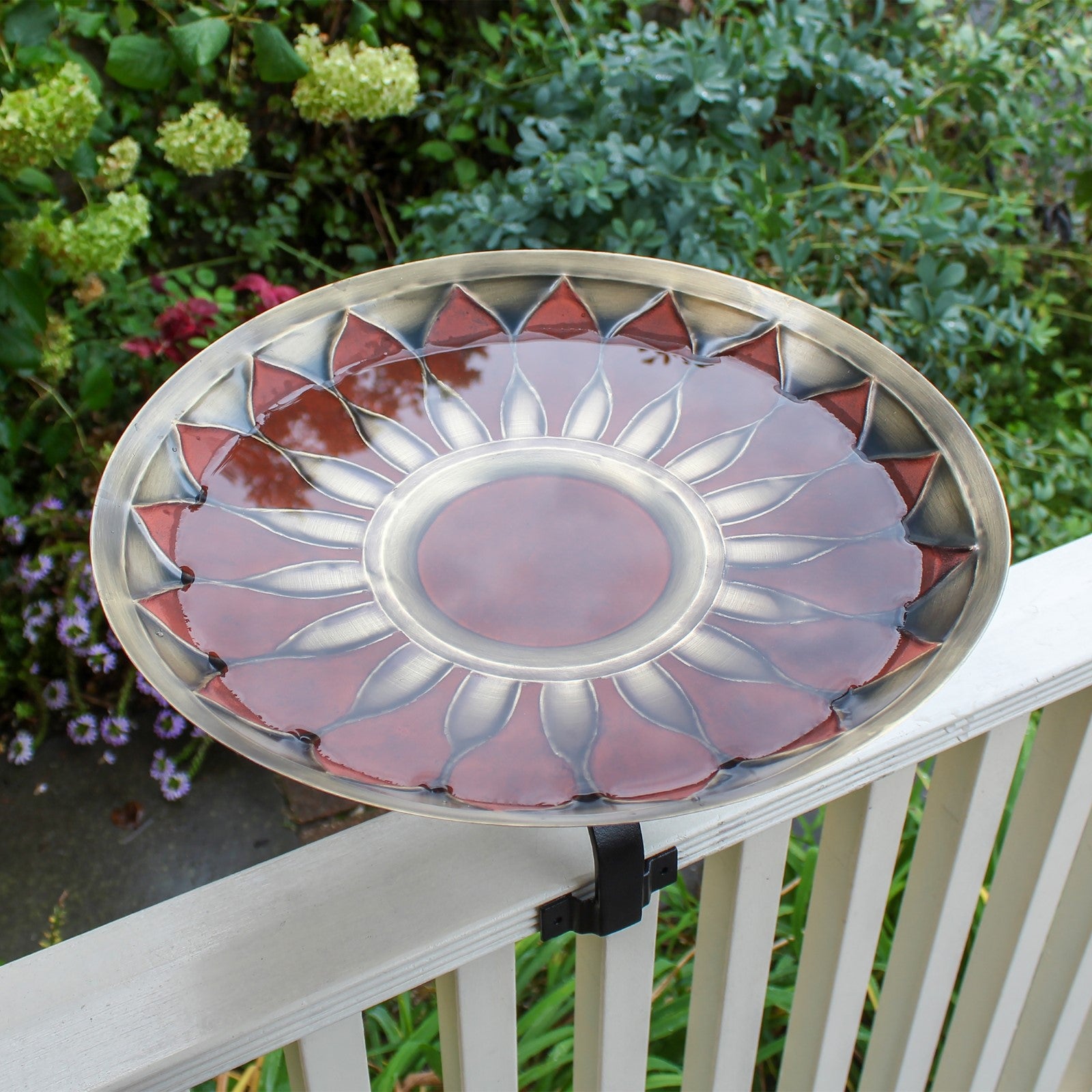 ACHLA Red African Daisy Birdbath Over Rail Bracket | Antique Brass and Wrought Iron | Deck, Porch & Balcony Bird Bath | Model BB-09R-OR2