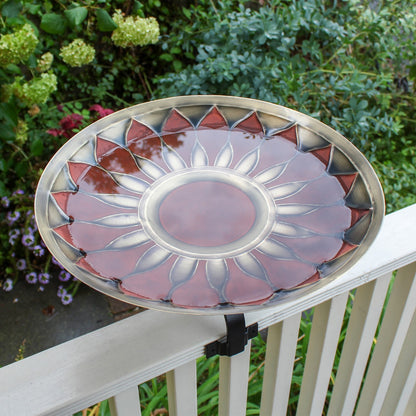 ACHLA Red African Daisy Birdbath Over Rail Bracket | Antique Brass and Wrought Iron | Deck, Porch & Balcony Bird Bath | Model BB-09R-OR2