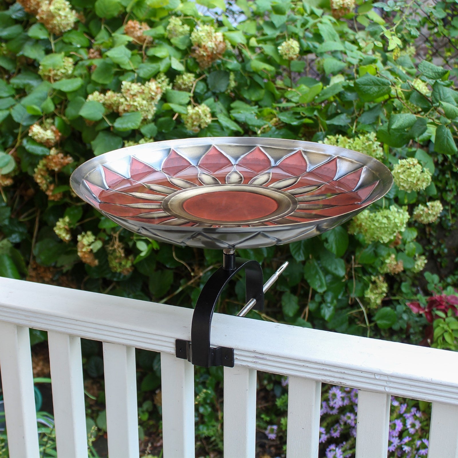ACHLA Red African Daisy Birdbath Over Rail Bracket | Antique Brass and Wrought Iron | Deck, Porch & Balcony Bird Bath | Model BB-09R-OR2