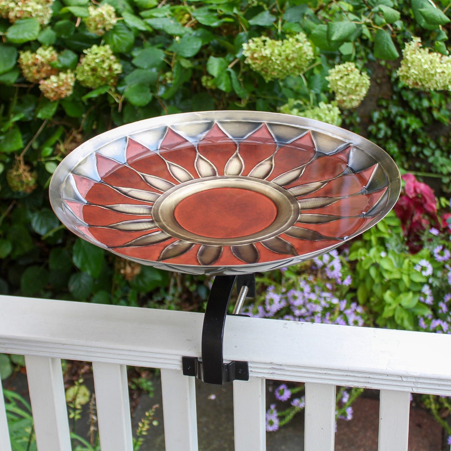 ACHLA Red African Daisy Birdbath Over Rail Bracket | Antique Brass and Wrought Iron | Deck, Porch & Balcony Bird Bath | Model BB-09R-OR2