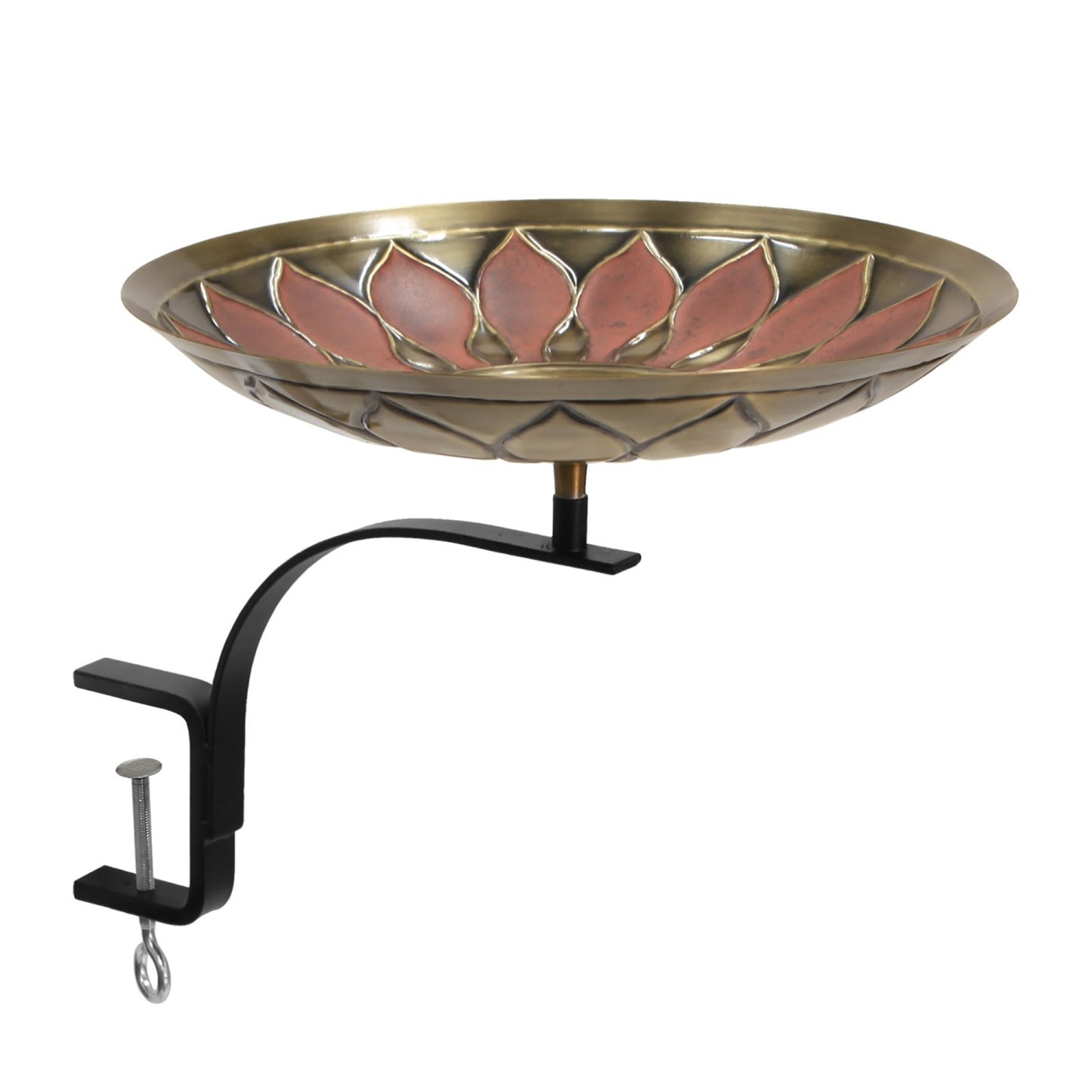 ACHLA African Daisy Birdbath 16in Bowl | Red Patina Brass and Black Wrought Iron | Deck & Balcony Rail Mount | 20 x 16 x 14 in | Model BB-09R-RM