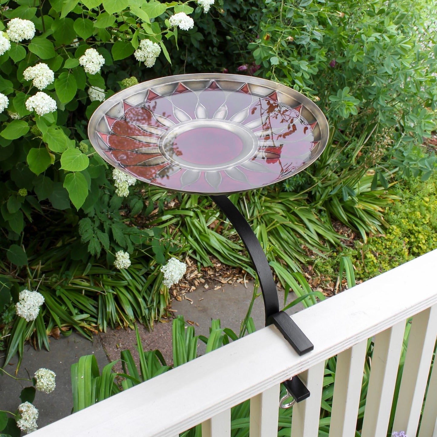 ACHLA African Daisy Birdbath 16in Bowl | Red Patina Brass and Black Wrought Iron | Deck & Balcony Rail Mount | 20 x 16 x 14 in | Model BB-09R-RM