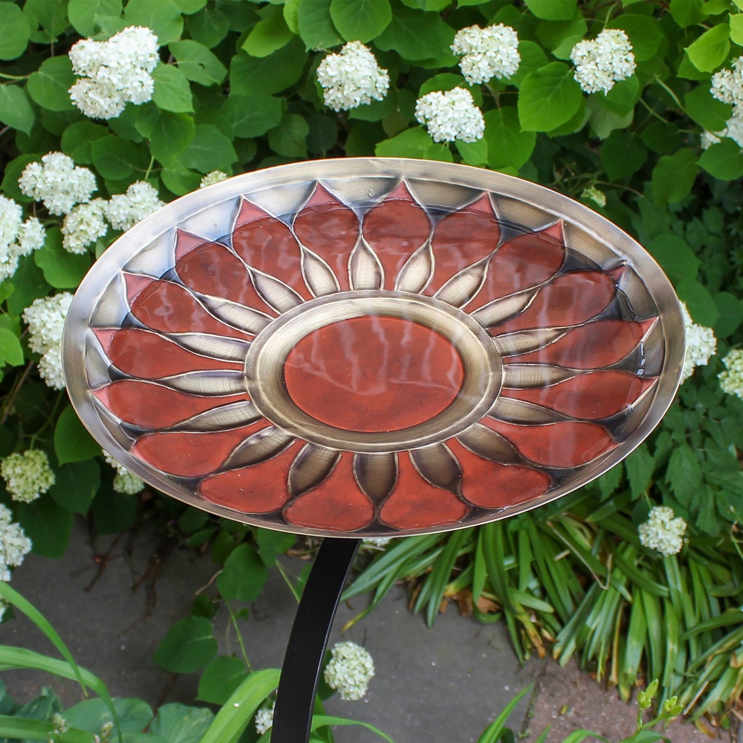 ACHLA African Daisy Birdbath 16in Bowl | Red Patina Brass and Black Wrought Iron | Deck & Balcony Rail Mount | 20 x 16 x 14 in | Model BB-09R-RM