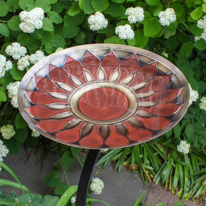 ACHLA African Daisy Birdbath 16in Bowl | Red Patina Brass and Black Wrought Iron | Deck & Balcony Rail Mount | 20 x 16 x 14 in | Model BB-09R-RM