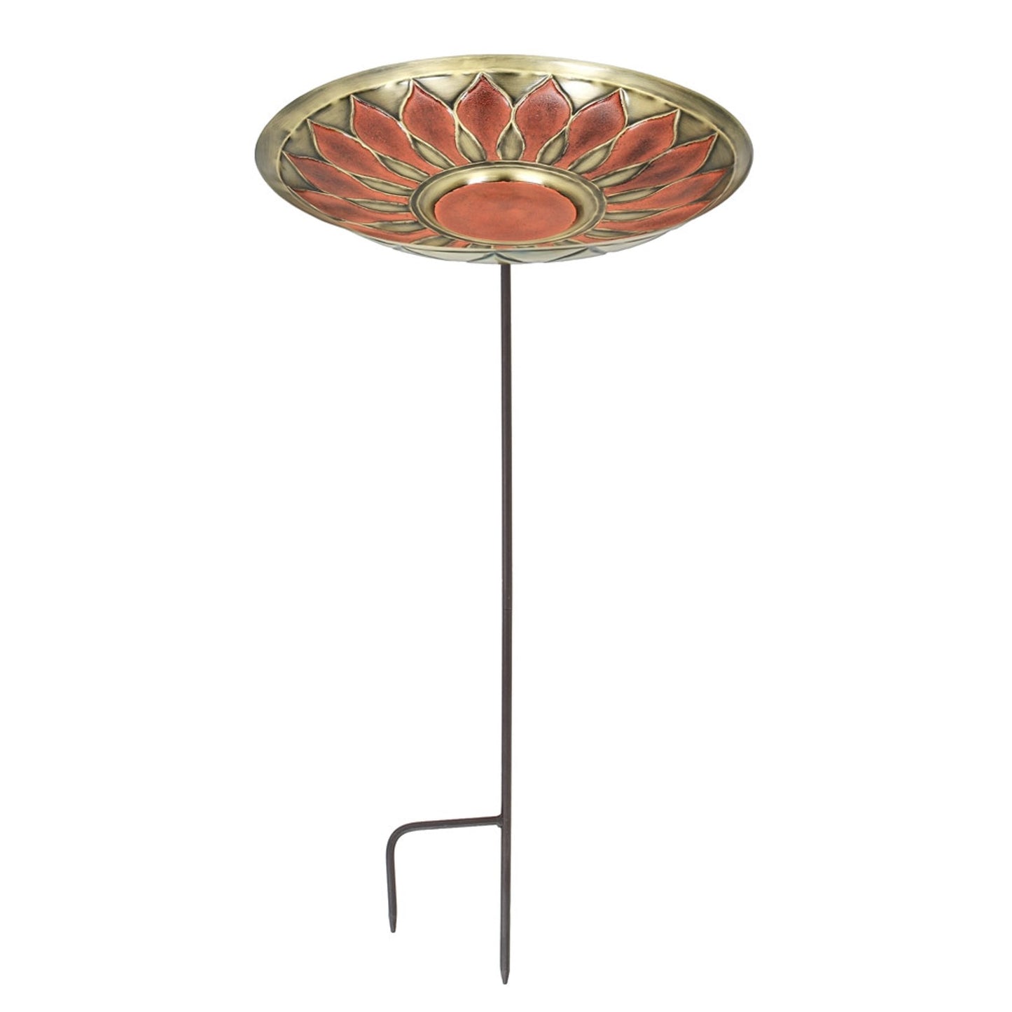 ACHLA African Daisy Birdbath 16in | Red Patina Brass Bowl on Wrought Iron Stake | Garden & Yard Decor | 16 x 16 x 40 in | Model BB-09R-S