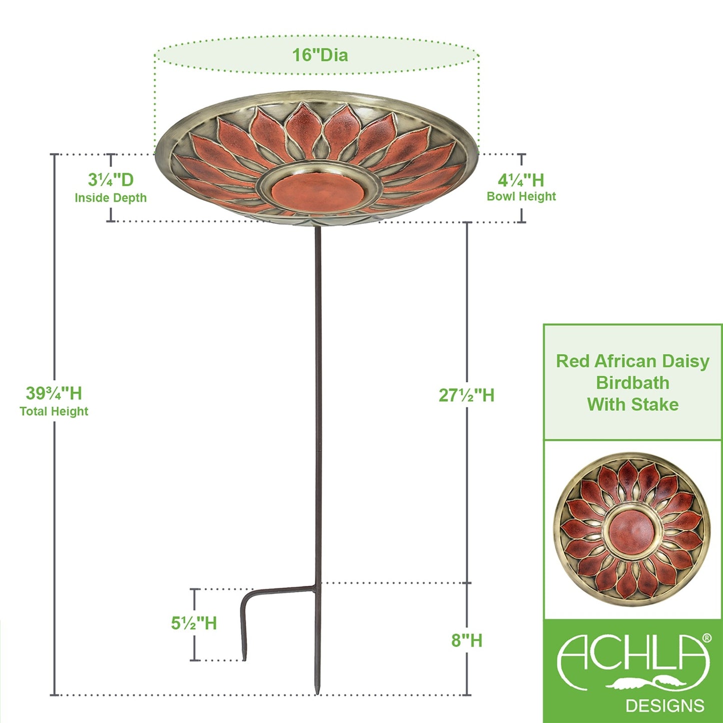 ACHLA African Daisy Birdbath 16in | Red Patina Brass Bowl on Wrought Iron Stake | Garden & Yard Decor | 16 x 16 x 40 in | Model BB-09R-S