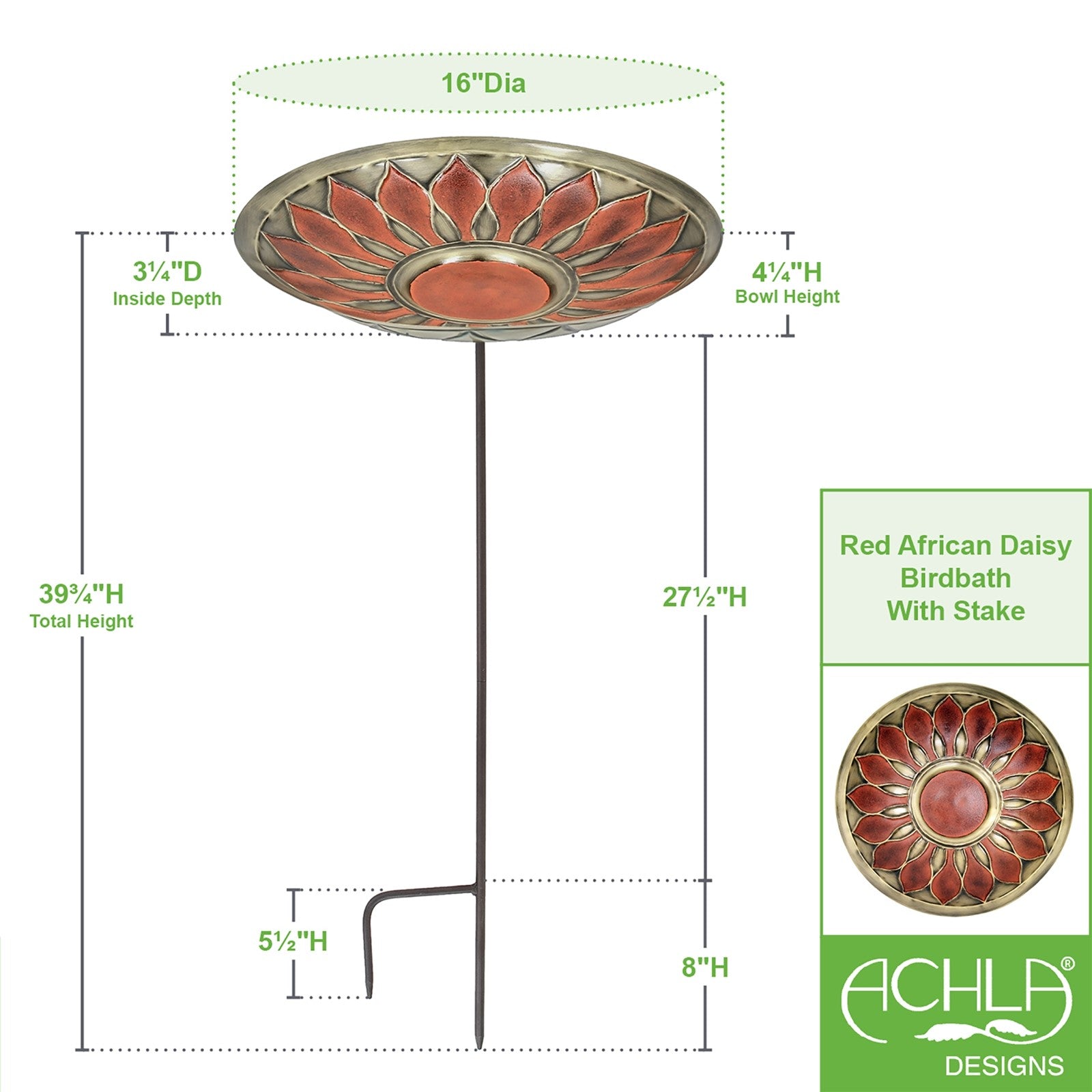 ACHLA African Daisy Birdbath 16in | Red Patina Brass Bowl on Wrought Iron Stake | Garden & Yard Decor | 16 x 16 x 40 in | Model BB-09R-S
