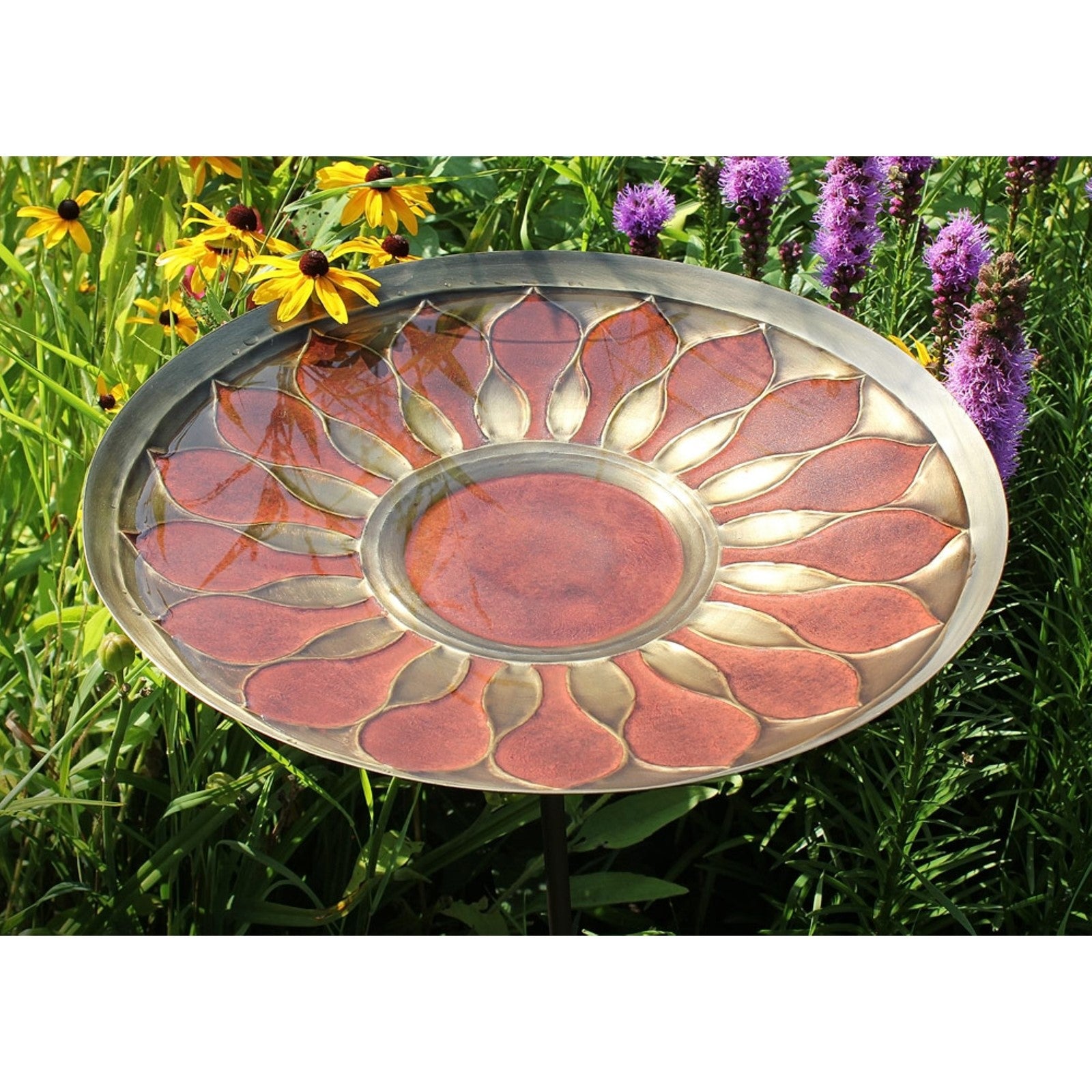ACHLA African Daisy Birdbath 16in | Red Patina Brass Bowl on Wrought Iron Stake | Garden & Yard Decor | 16 x 16 x 40 in | Model BB-09R-S
