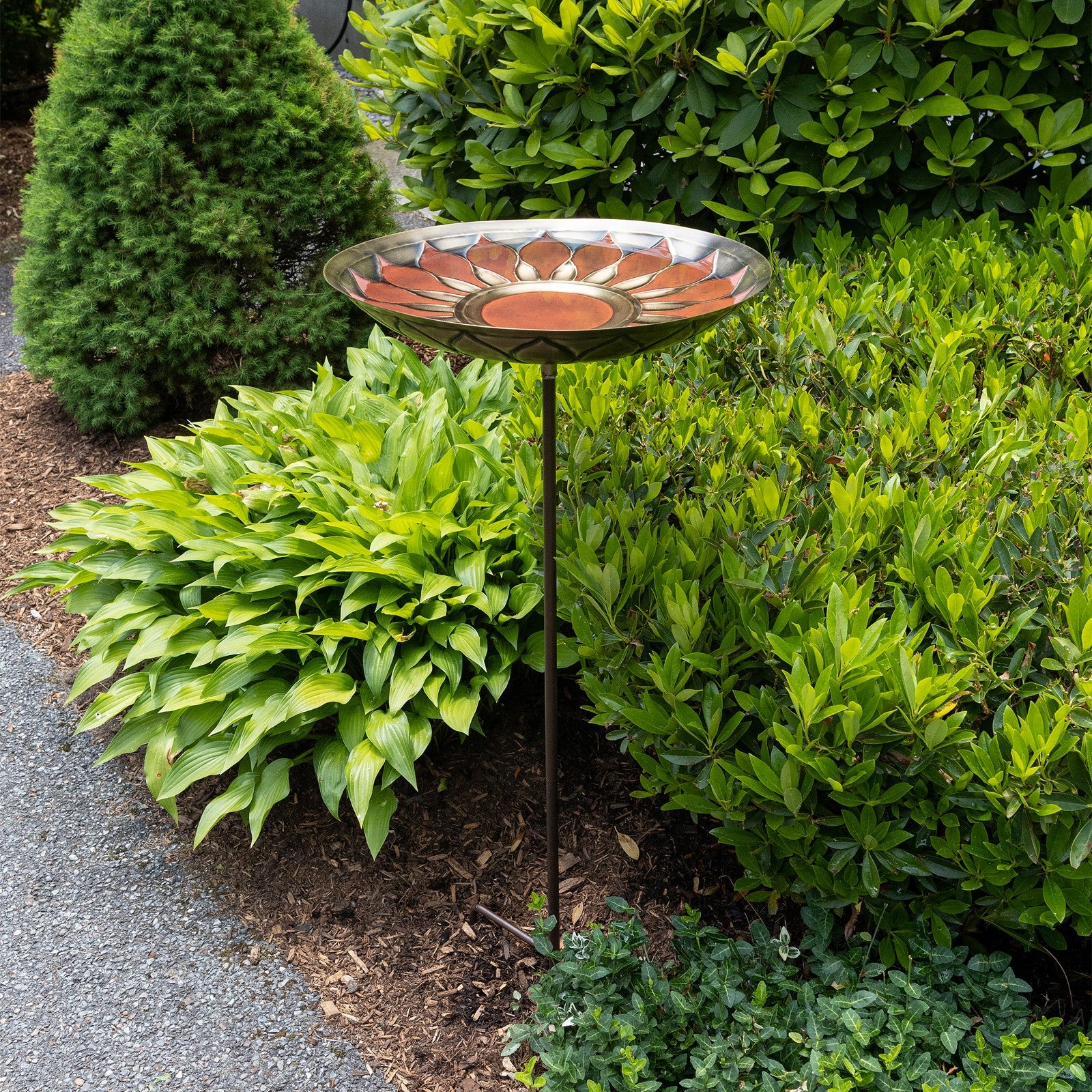 ACHLA African Daisy Birdbath 16in | Red Patina Brass Bowl on Wrought Iron Stake | Garden & Yard Decor | 16 x 16 x 40 in | Model BB-09R-S