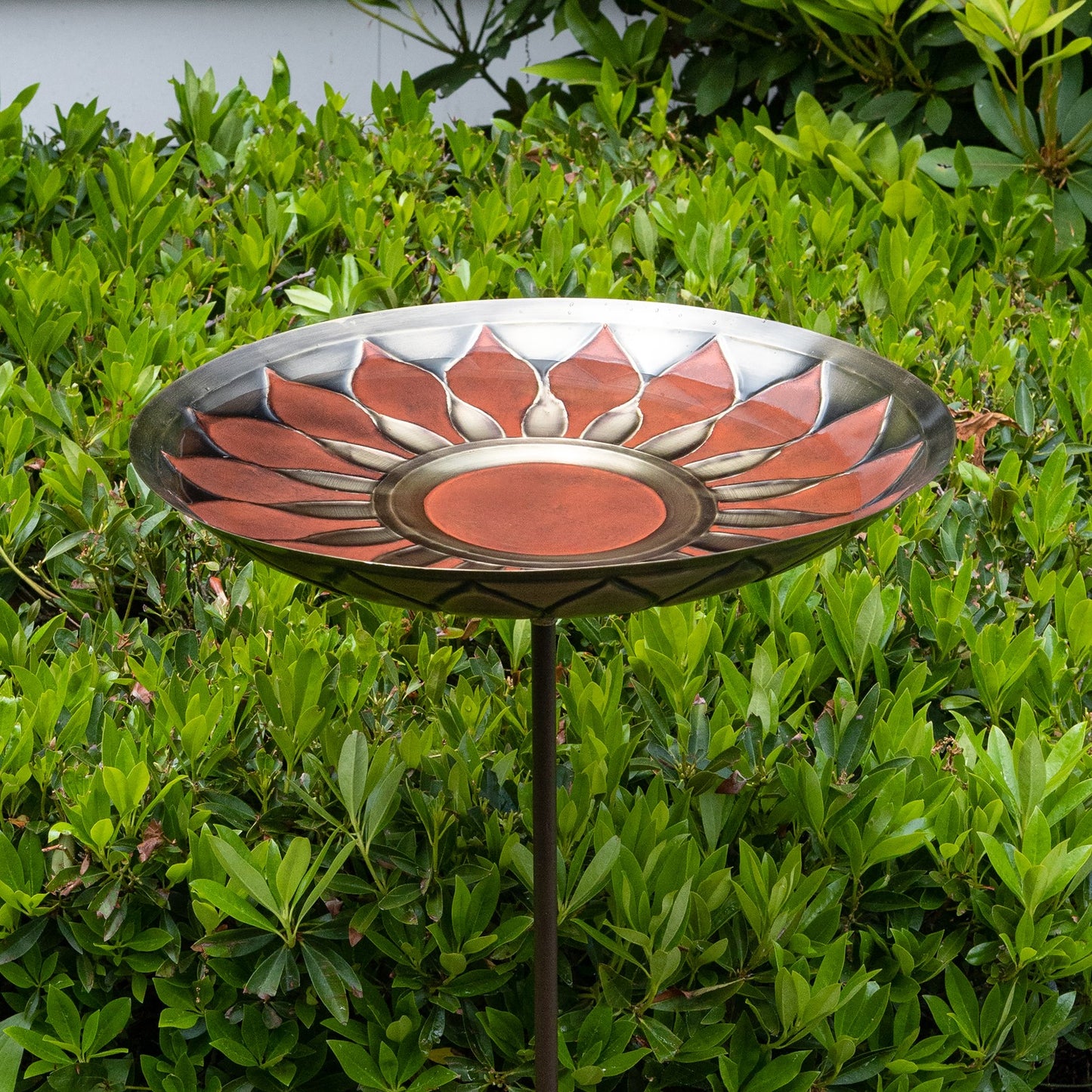 ACHLA African Daisy Birdbath 16in | Red Patina Brass Bowl on Wrought Iron Stake | Garden & Yard Decor | 16 x 16 x 40 in | Model BB-09R-S