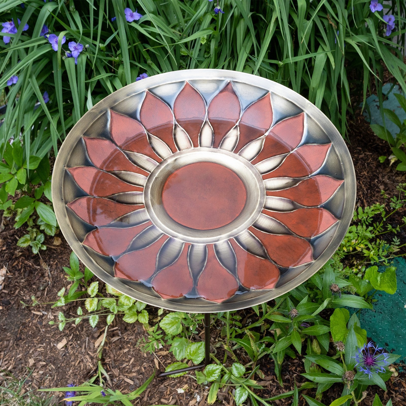 ACHLA African Daisy Birdbath 16in | Red Patina Brass Bowl on Wrought Iron Stake | Garden & Yard Decor | 16 x 16 x 40 in | Model BB-09R-S