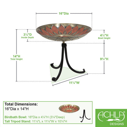 ACHLA Red African Daisy Birdbath Tripod Stand | Antique Brass and Red Patina with Wrought Iron | Garden & Patio Accent | Model BB-09R-TR2