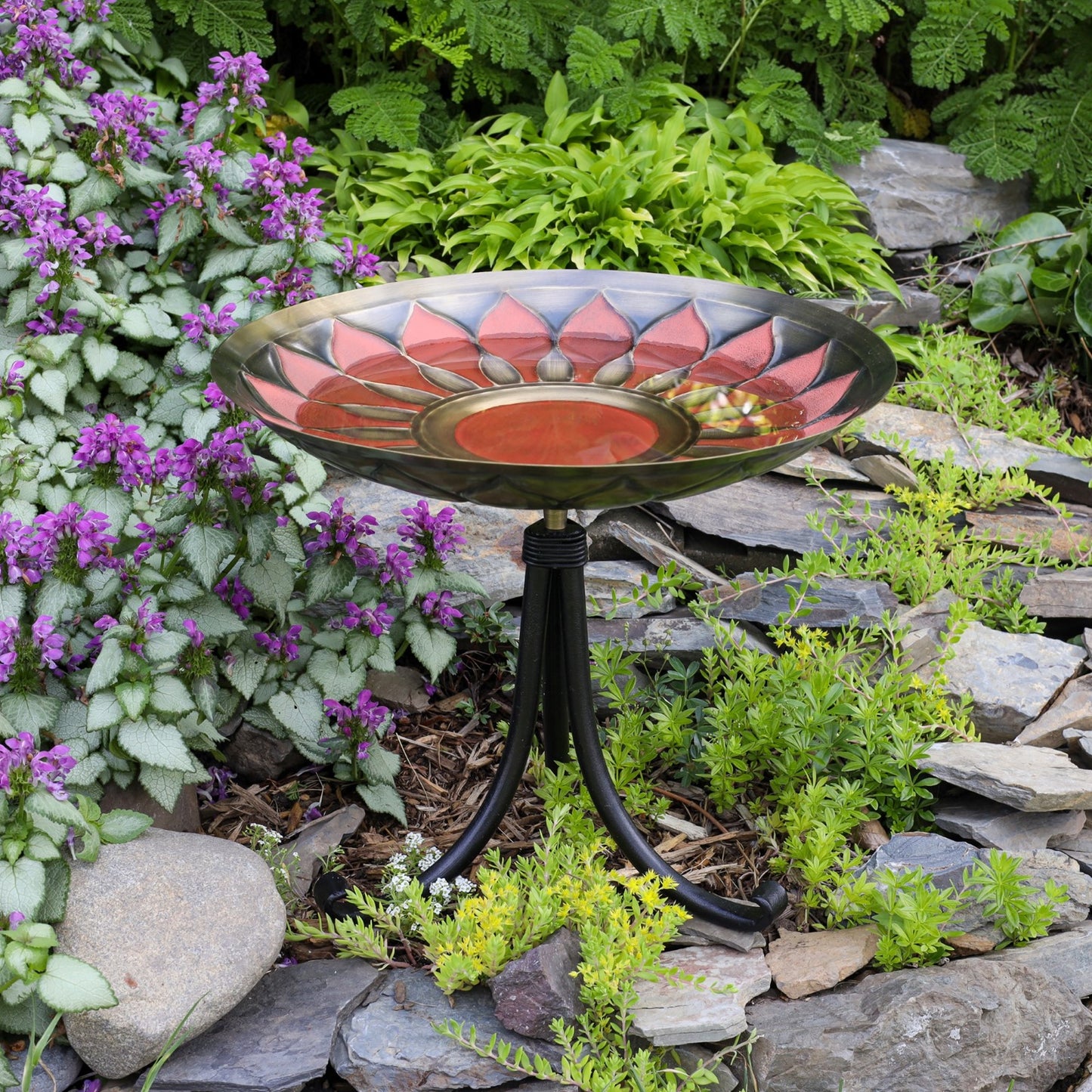 ACHLA Red African Daisy Birdbath Tripod Stand | Antique Brass and Red Patina with Wrought Iron | Garden & Patio Accent | Model BB-09R-TR2
