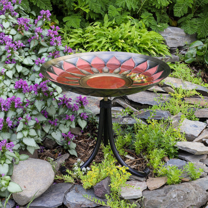 ACHLA Red African Daisy Birdbath Tripod Stand | Antique Brass and Red Patina with Wrought Iron | Garden & Patio Accent | Model BB-09R-TR2
