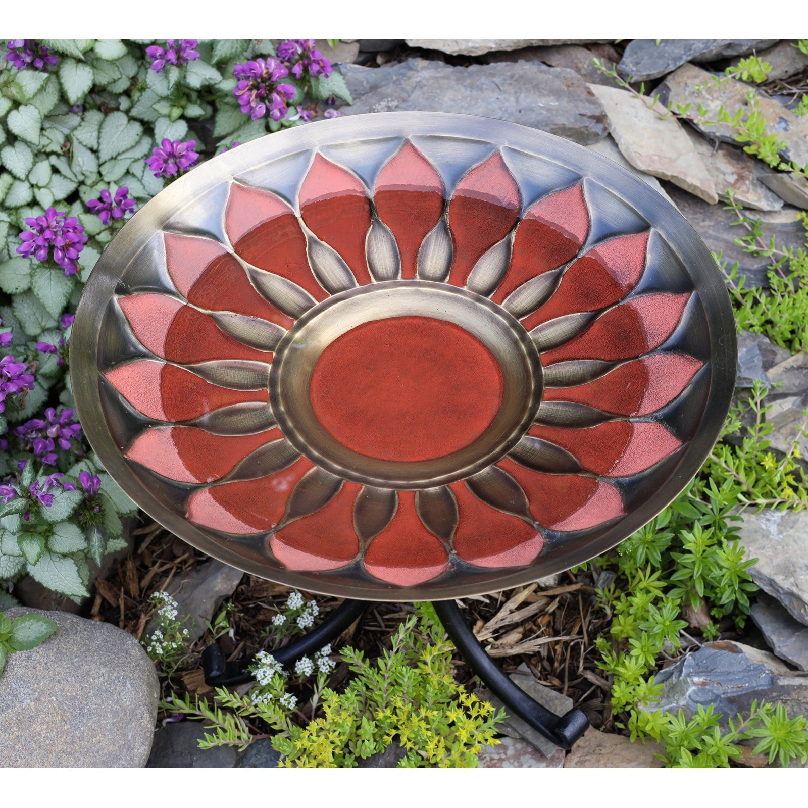 ACHLA Red African Daisy Birdbath Tripod Stand | Antique Brass and Red Patina with Wrought Iron | Garden & Patio Accent | Model BB-09R-TR2