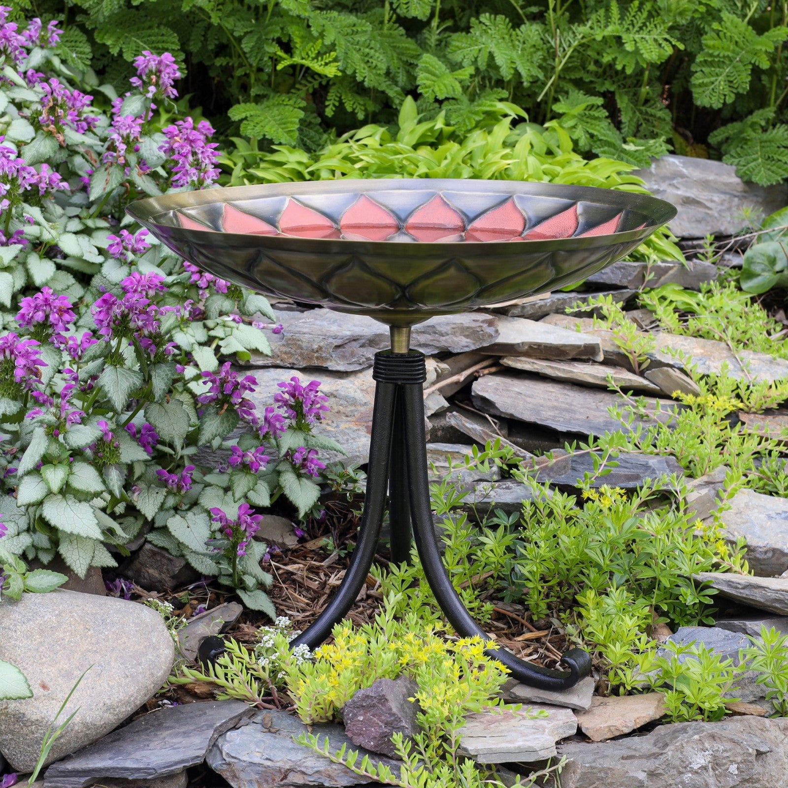 ACHLA Red African Daisy Birdbath Tripod Stand | Antique Brass and Red Patina with Wrought Iron | Garden & Patio Accent | Model BB-09R-TR2