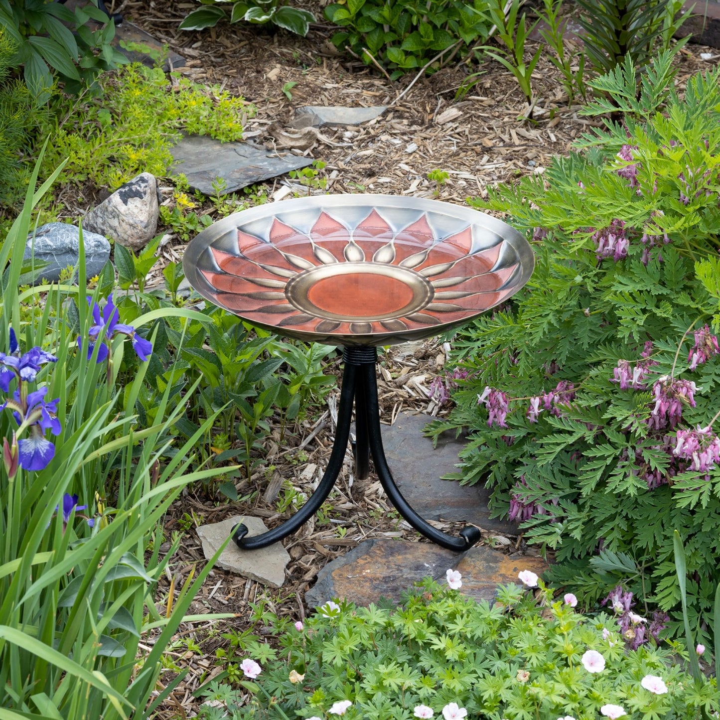 ACHLA Red African Daisy Birdbath Tripod Stand | Antique Brass and Red Patina with Wrought Iron | Garden & Patio Accent | Model BB-09R-TR2