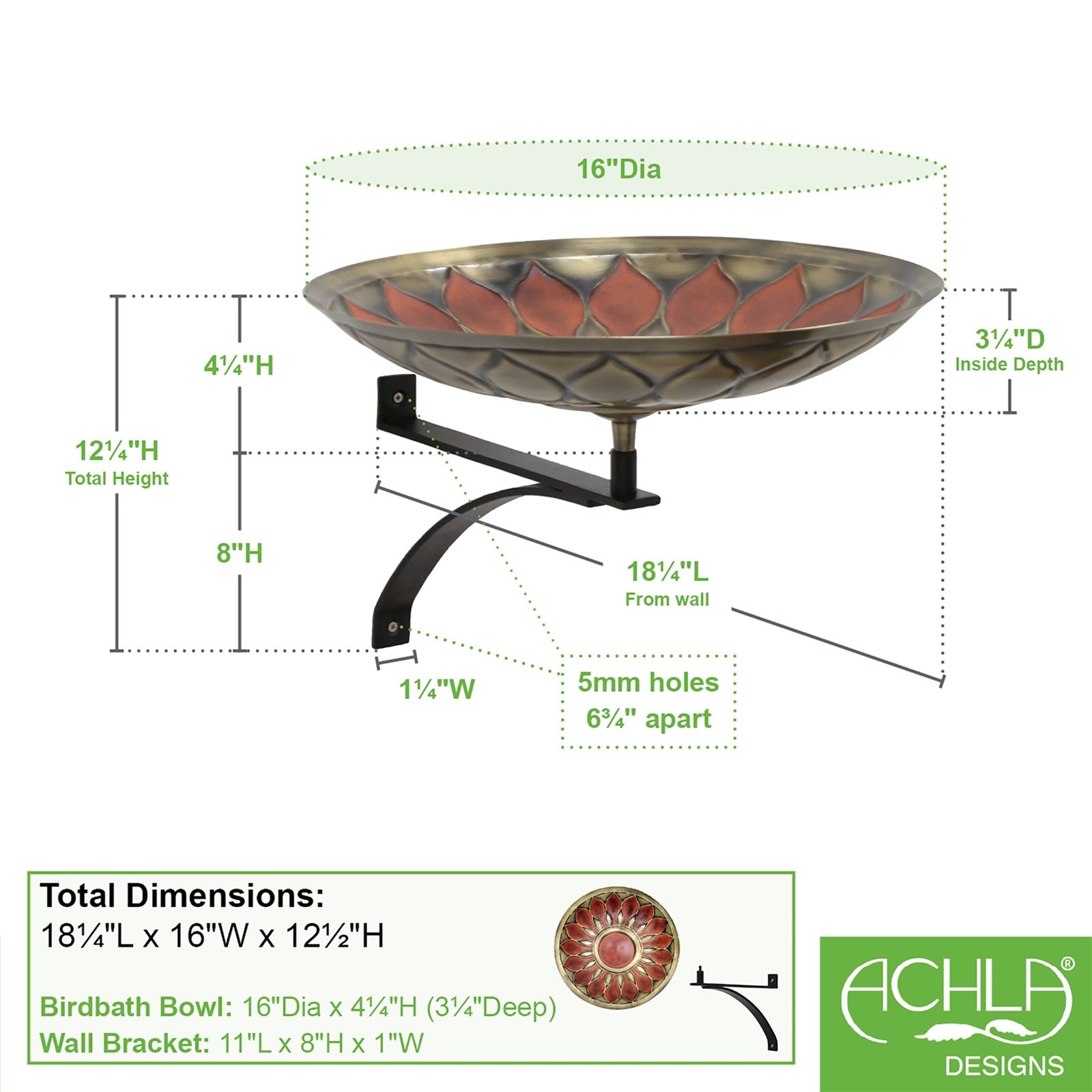ACHLA Red African Daisy Birdbath Wall Mount Bracket | Antique Brass & Black Wrought Iron | Patio & Garden Bird Bath | Model BB-09R-WM2