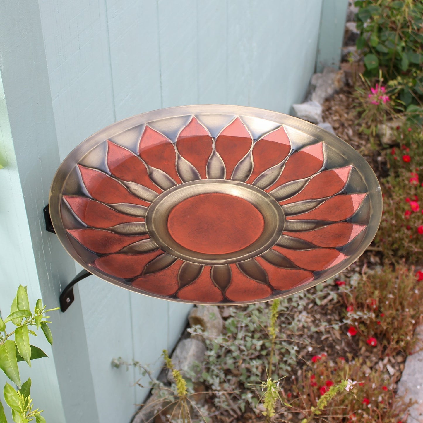 ACHLA Red African Daisy Birdbath Wall Mount Bracket | Antique Brass & Black Wrought Iron | Patio & Garden Bird Bath | Model BB-09R-WM2