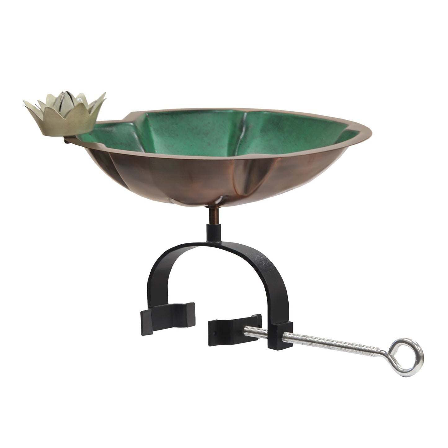 ACHLA Lilypad Birdbath Over Rail Bracket | Copper Patina Metal and Wrought Iron | Deck, Porch & Balcony Bird Bath | 15 x 11 x 10 in | Model BB-10-OR2