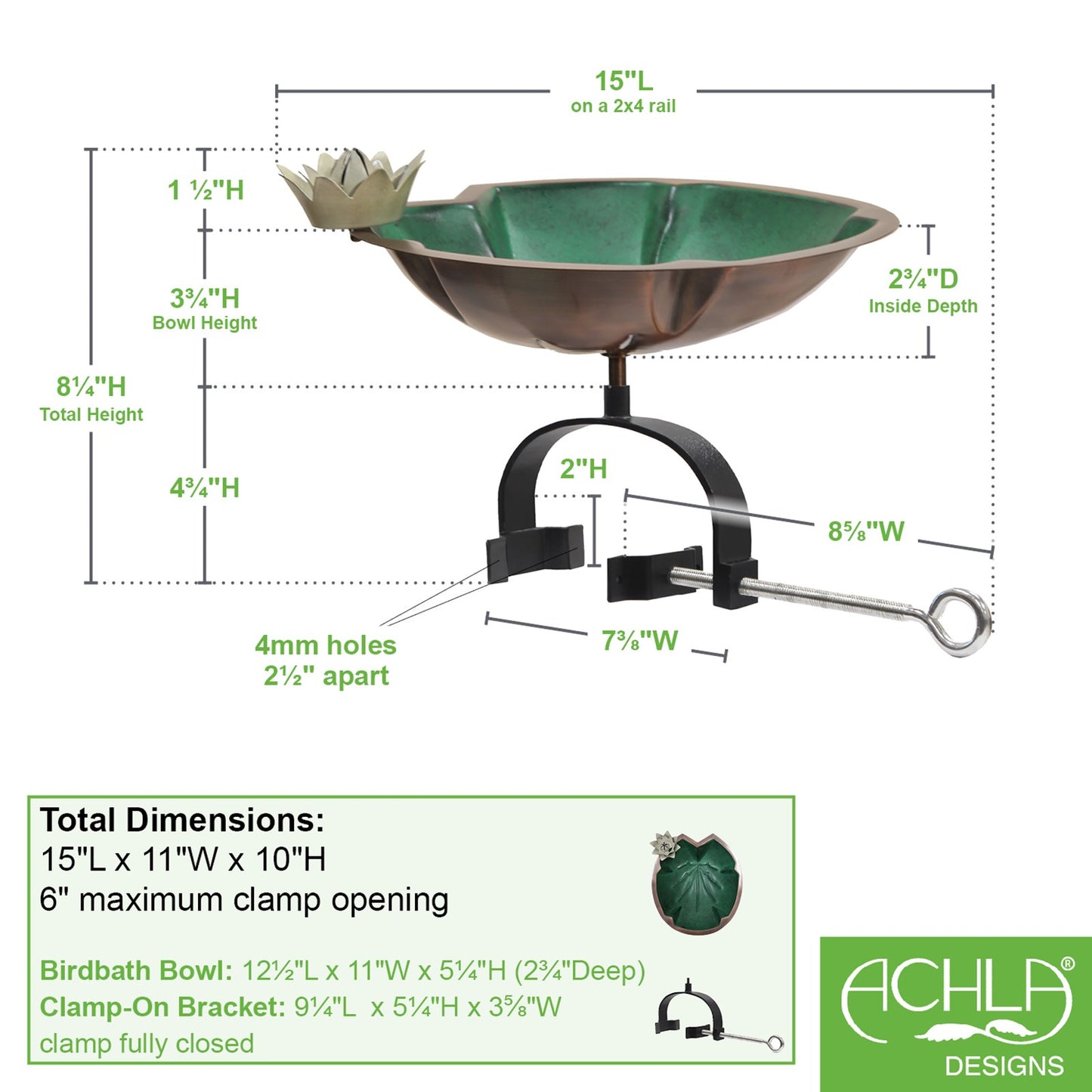 ACHLA Lilypad Birdbath Over Rail Bracket | Copper Patina Metal and Wrought Iron | Deck, Porch & Balcony Bird Bath | 15 x 11 x 10 in | Model BB-10-OR2