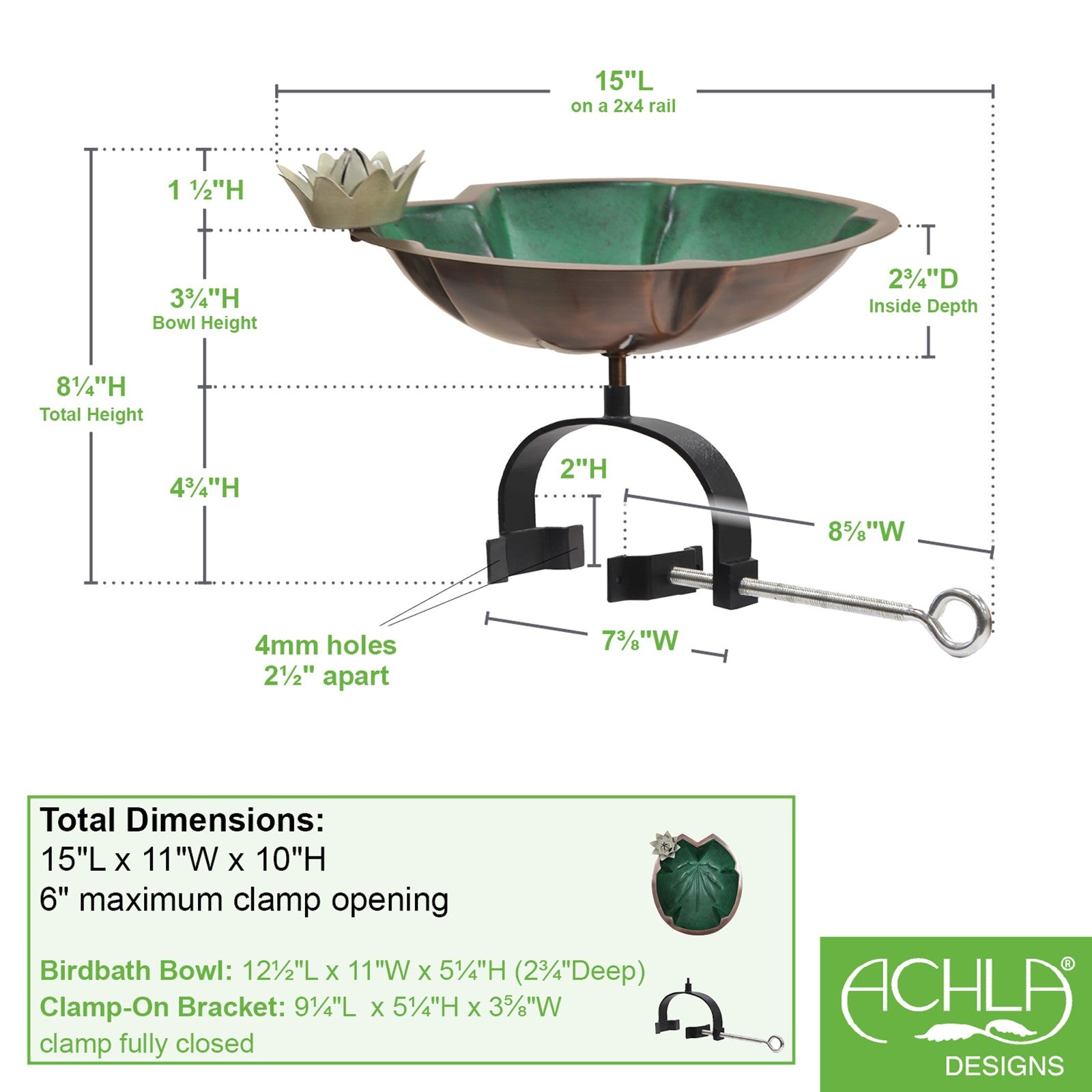 ACHLA Lilypad Birdbath Over Rail Bracket | Copper Patina Metal and Wrought Iron | Deck, Porch & Balcony Bird Bath | 15 x 11 x 10 in | Model BB-10-OR2