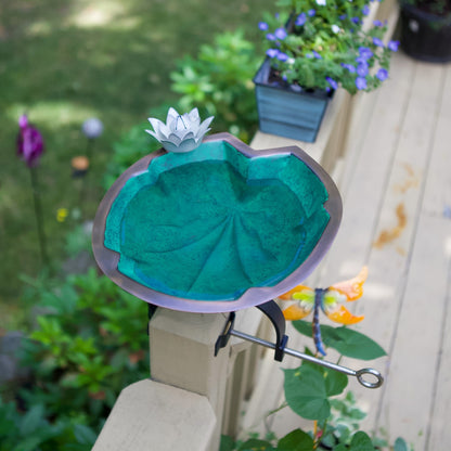ACHLA Lilypad Birdbath Over Rail Bracket | Copper Patina Metal and Wrought Iron | Deck, Porch & Balcony Bird Bath | 15 x 11 x 10 in | Model BB-10-OR2