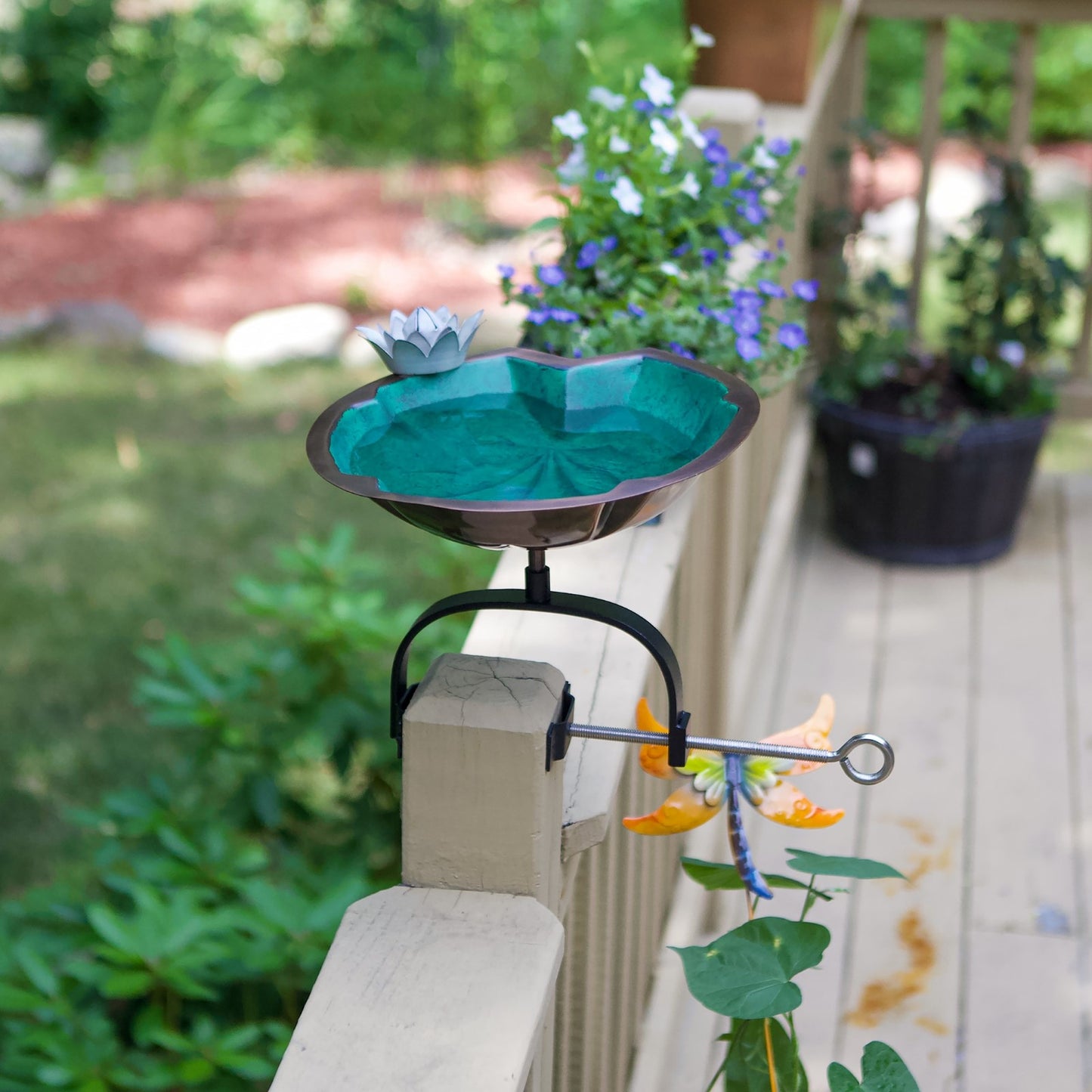 ACHLA Lilypad Birdbath Over Rail Bracket | Copper Patina Metal and Wrought Iron | Deck, Porch & Balcony Bird Bath | 15 x 11 x 10 in | Model BB-10-OR2