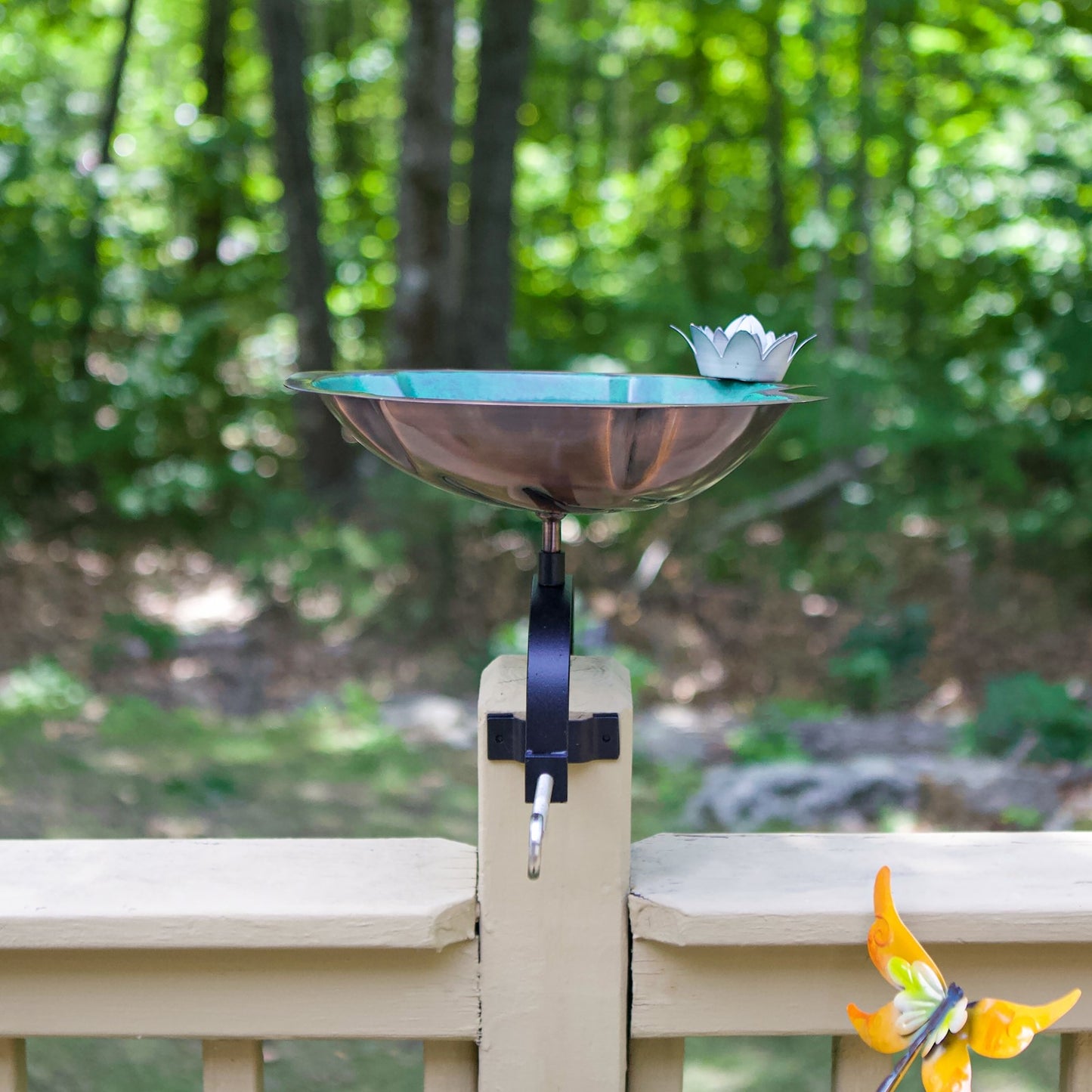 ACHLA Lilypad Birdbath Over Rail Bracket | Copper Patina Metal and Wrought Iron | Deck, Porch & Balcony Bird Bath | 15 x 11 x 10 in | Model BB-10-OR2