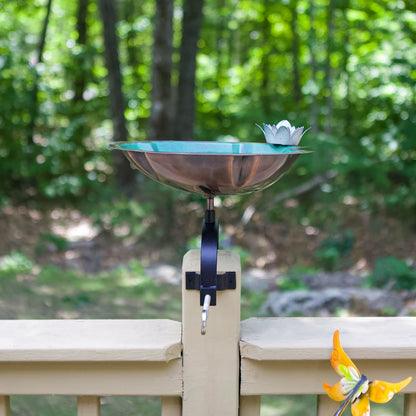 ACHLA Lilypad Birdbath Over Rail Bracket | Copper Patina Metal and Wrought Iron | Deck, Porch & Balcony Bird Bath | 15 x 11 x 10 in | Model BB-10-OR2