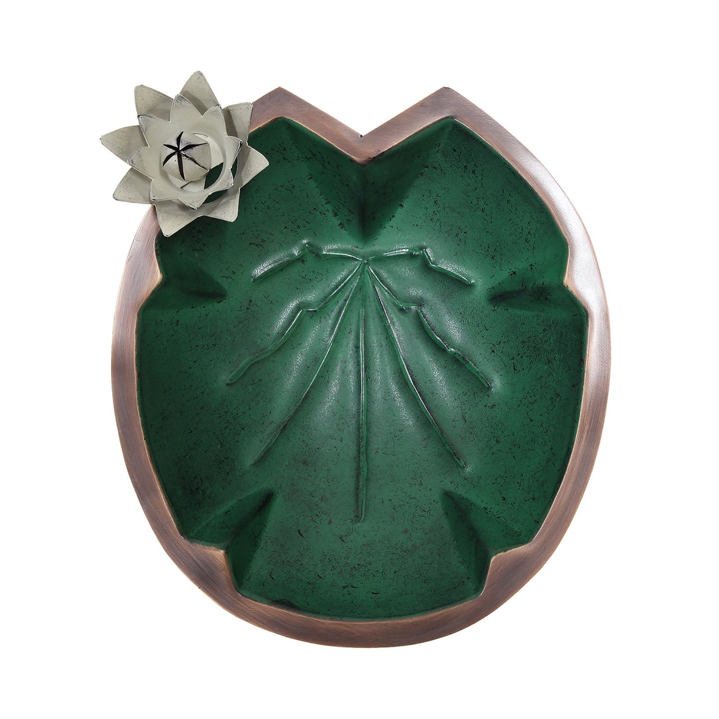 ACHLA Lilypad Birdbath Over Rail Bracket | Copper Patina Metal and Wrought Iron | Deck, Porch & Balcony Bird Bath | 15 x 11 x 10 in | Model BB-10-OR2