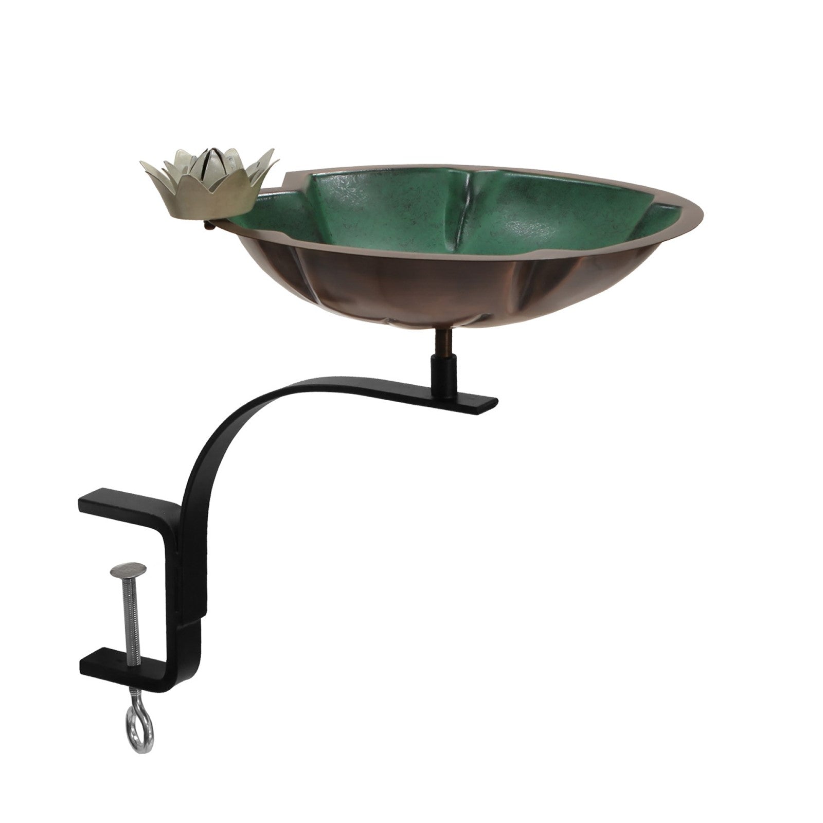 ACHLA Lilypad 18in Rail-Mounted Birdbath | Antique Copper Plated Brass and Wrought Iron | Deck, Porch & Balcony Garden Decor | Model BB-10-RM