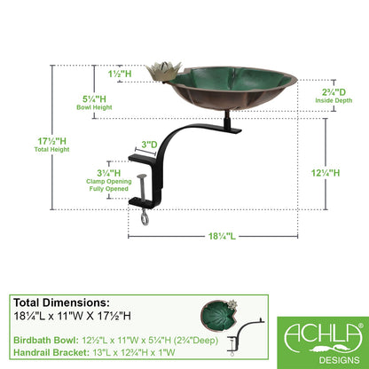 ACHLA Lilypad 18in Rail-Mounted Birdbath | Antique Copper Plated Brass and Wrought Iron | Deck, Porch & Balcony Garden Decor | Model BB-10-RM